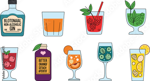 Non-Alcoholic and Refreshing Drink Vector Set Featuring Mocktails, Non-Alcoholic Gin, and Fruity Beverages for Healthy Drink Illustrations