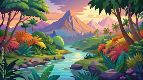 A beautiful tropical river flowing through a lush green jungle landscape with a large mountain in the golden sunset light Vector
