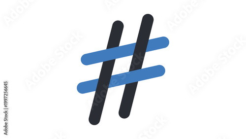 Modern flat vector icon illustration of a musical sharp accidental or social media hashtag symbol with rounded ends in blue and dark grey, isolated on a white background for digital web design.