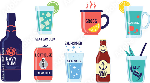 Nautical and Pirate-Themed Drink Vector Set Featuring Navy Rum, Ginger Beer, and Sea-Foam Beverages for Adventure-Inspired Drink Illustrations