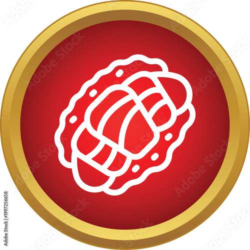 Minimalist sushi maki roll graphic inside a red circle with gold trim