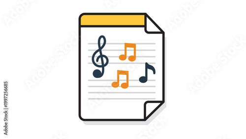 Sheet Music Editable Stroke Vector Icon. Modern flat illustration of a musical score page with a treble clef and notes, perfect for song composition, audio apps, and creative music design projects.