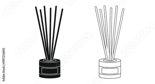reed diffuser set in cylindrical container with sticks, bold black silhouette, minimal flat vector, isolated on white background