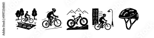 Set of minimalist black and white hand-drawn cycling illustrations featuring mountain biking, road racing, city commuting, a park picnic, and a bicycle helmet.