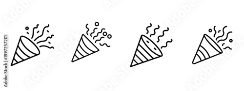 Party popper line icons set birthday confetti surprise celebration explosion event festival fireworks holiday joy & more vector illustration with editable stroke.