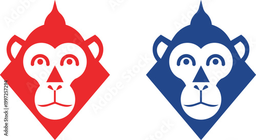 Minimal Monkey Face Logo Vector Set in Red and Blue Geometric Style for Branding, Mascots, Icons, and Modern Graphic Design Use