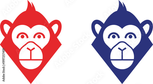 Monkey Face Icon Set in Red and Blue with Geometric Shape for Animal Logo, Mascot Design, and Modern Vector Illustration