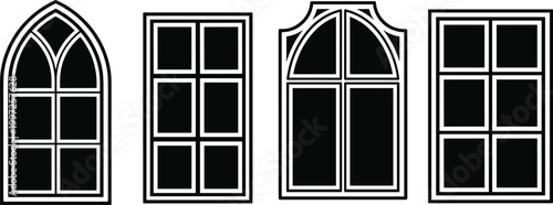 Window Icon Set with Classic and Arched Frame Designs for Architecture, Home Exterior, Interior Elements, and Building Graphic Illustration