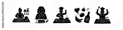 Black silhouette icons of cooking stages: chopping vegetables, reading recipes, stirring pots, ingredients, and a happy chef. Hand-drawn doodle style for culinary designs.