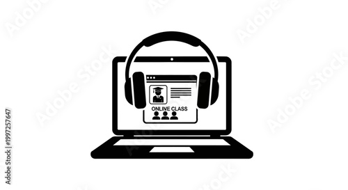 Laptop with headphones on top.