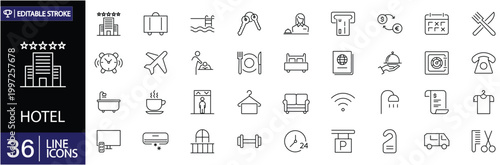 Hotel 36 icons set. Includes symbols of accommodation, booking, room service, reception, amenities, and hospitality. Editable stroke. Vector illustration. Outline icons.