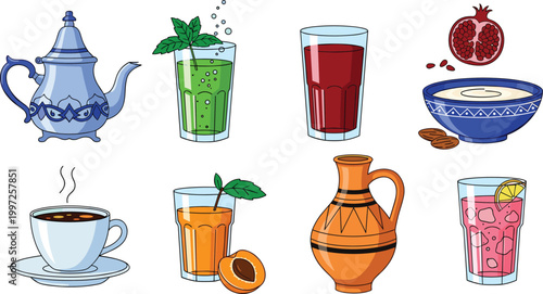 Traditional and Refreshing Beverage Vector Set Featuring Tea, Fruit Juices, and Cultural Drinks with Pomegranate, Apricot, and Mint for Heritage Drink Illustrations