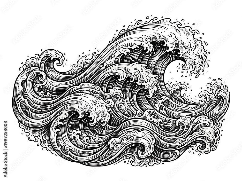 Fototapeta premium Powerful ocean waves crashing with intricate detail in a dramatic, monochromatic etching style, evoking a sense of raw natural energy.