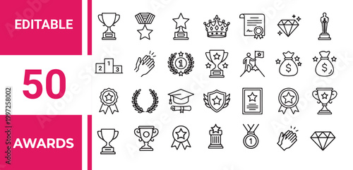 Awards icon set. Containing trophy, winner, medal, winner prize, success, best, reward, champion, star,