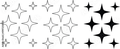 Sparkle Star Icon Set with Decorative Twinkle Shapes in Outline and Solid Style for Light Effects, Magic Design, and Festive Graphic Elements