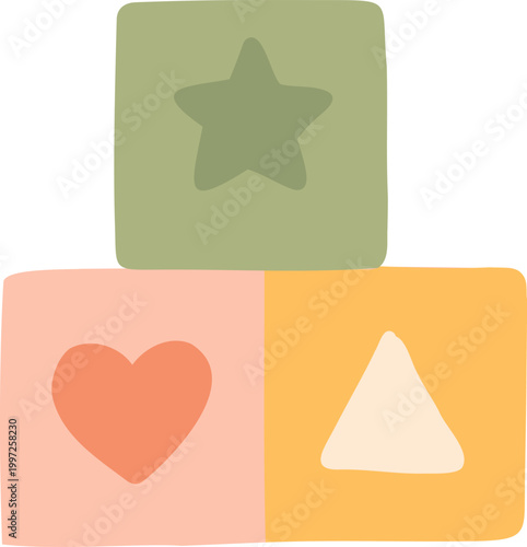stacking blocks toy with shapes illustration in soft pastel colors isolated on light background, perfect for kids learning, nursery design
