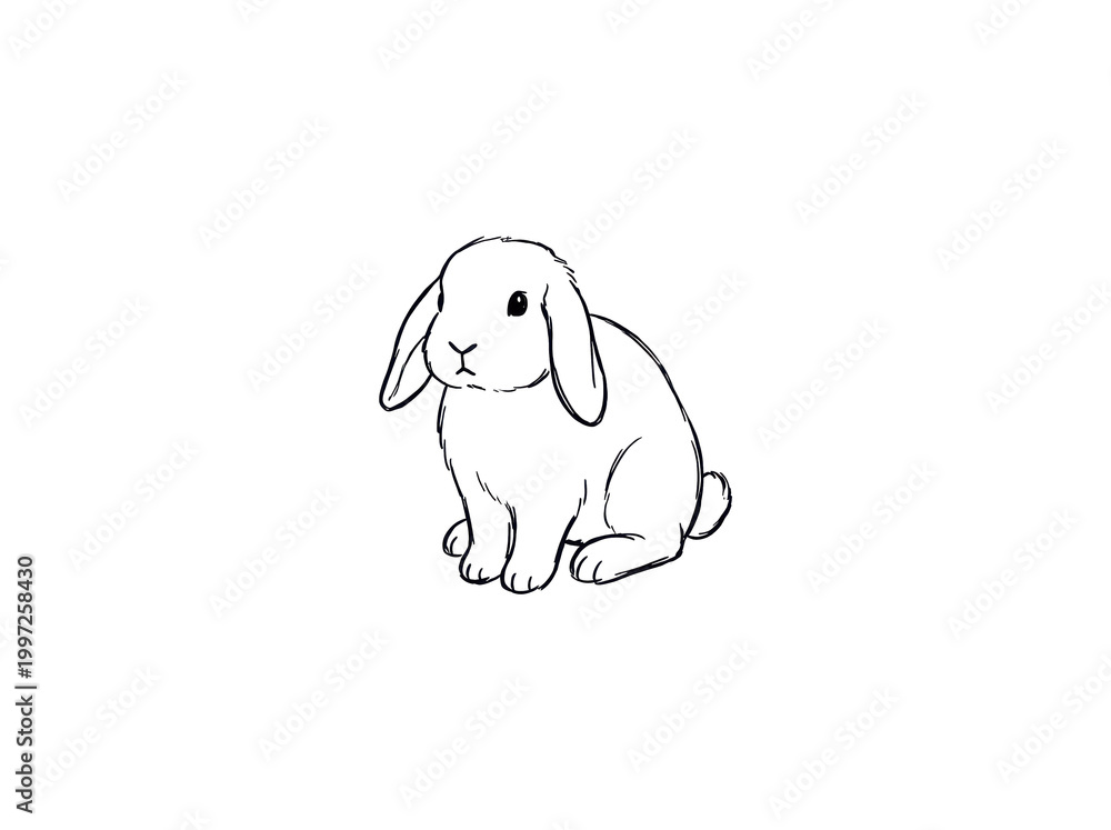 Fototapeta premium A cute lop-eared rabbit sits calmly, depicted in a simple black and white line drawing with a clean white background.
