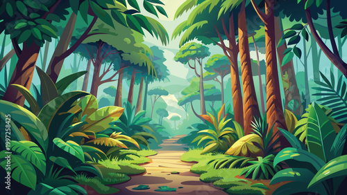 Beautiful tropical rainforest landscape with a dirt path winding through tall green trees and lush exotic jungle plants Vector