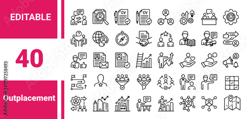 Outplacement icon set contains labor market, preparation, skills, resume, consult, advice, mentorship,