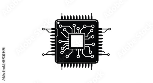 Detailed black microchip illustration with complex circuitry a striking silhouette