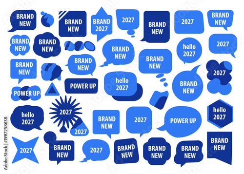 Collection of blue brand identity and power up speech bubble icons