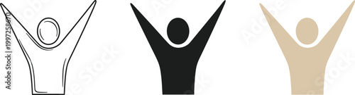 Success Person Icon Set with Raised Arms in Outline and Solid Style for Achievement, Victory, Motivation, and Positive Human Concept Design
