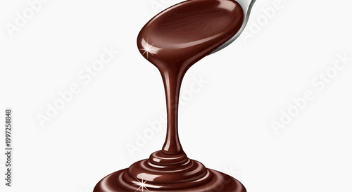 Chocolate flows from spoon onto surface in kitchen environment