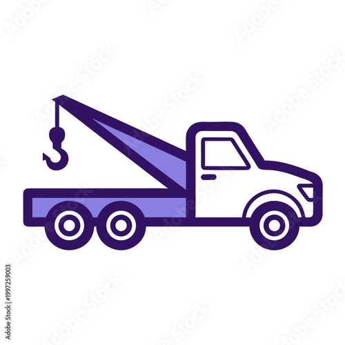 Minimalist flatbed tow truck icon in purple tones on a white background
