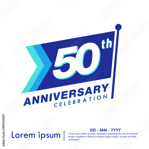 50th years anniversary celebration emblem. anniversary logo isolated with blue flag and flag pole on white background. vector illustration template design for web, flyers, poster, invitation or greet