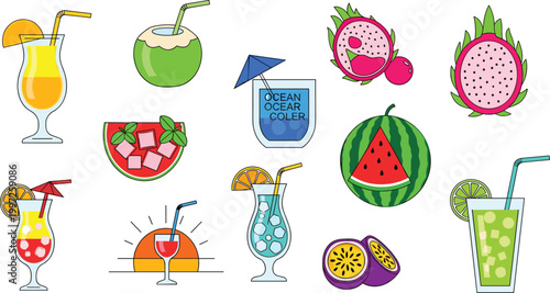 Tropical and Fruit Cocktail Vector Set Featuring Watermelon, Coconut, Passionfruit, and Refreshing Summer Beverages for Cool Drink Illustrations