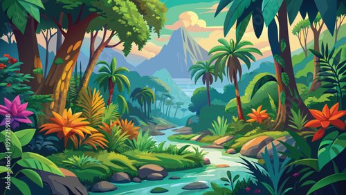 Beautiful tropical rainforest landscape with a flowing river and colorful exotic plants under a bright morning sunrise Vector