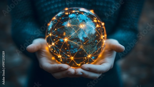 Hands holding illuminated globe with glowing network connections