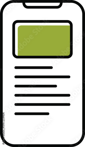 Mobile App Interface Icon with Screen Layout and Text Lines for Smartphone UI Design, Digital Content Display, and Modern Technology Graphics