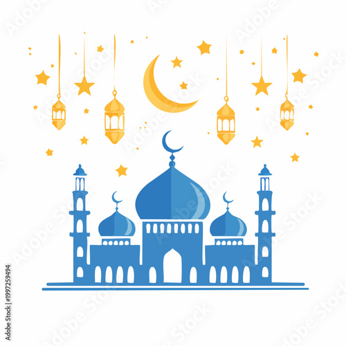 Beautiful islamic mosque silhouette, crescent moon and stars, ramadan kareem theme, glowing lanterns, elegant arabic pattern, flat vector illustration