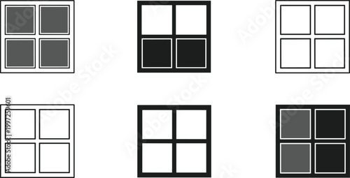 Window Grid Icon Set with Square Pane Frames for Interface Layouts, Architecture Design, Dashboard UI, and Modern Vector Graphic Elements