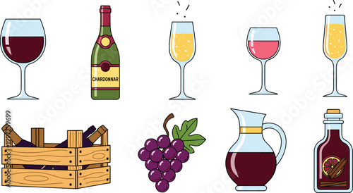 Wine and Sparkling Beverage Vector Set Featuring Red Wine, Champagne, Grapes, and Wine Bottles for Elegant Drink Illustrations