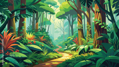 Beautiful tropical rainforest path with lush green trees and exotic plants on a bright sunny day in the wild jungle nature Vector