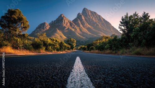 Scenic Mountain Road Journey Towards Majestic Peaks at Sunset.