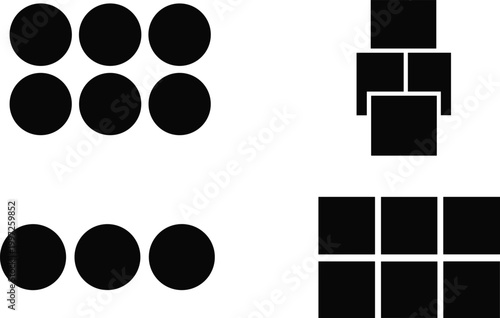 Dot and Square Layout Icon Set with Grid and Block Arrangements for User Interface Design, Menu Options, and Digital Navigation Elements