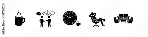 Set of minimalist black silhouettes icons depicting relaxation and break time activities including coffee mugs, conversation, clock, office chair rest, and living room furniture.
