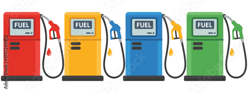 gas station pump with fuel nozzle of petrol pump, refueling equipment at service station, gasoline dispenser machine, energy transport and automotive fueling concept design.
