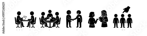 Set of black and white icons illustrating various stages of the recruitment process, including job interview, group discussion, hiring handshake, evaluation, and candidate selection.