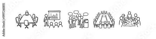 Hand-drawn business meeting and teamwork doodle set. Includes icons for presentations, boardroom discussions, group collaboration, and strategy planning. Simple black line art on white background.