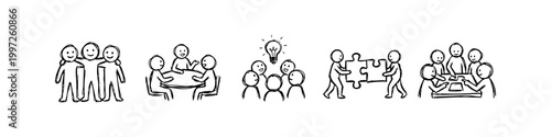 Set of hand-drawn stick figure icons representing teamwork, collaboration, brainstorming, problem-solving, and business strategy. Minimalist doodle style on white background.