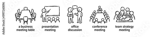 A set of hand-drawn vector icons representing various business meeting scenarios, including presentations, conferences, office discussions, and strategic team planning.