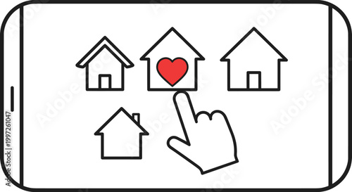 Real Estate Mobile App Icon with House Selection and Heart Symbol for Property Search, Home Buying, and Real Estate Interface Design