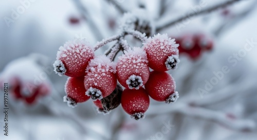 Frozen Red Berries Covered in Frost on a Winter Bush