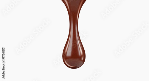 A single droplet of rich, dark, liquid chocolate dripping downwards, isolated on a white background