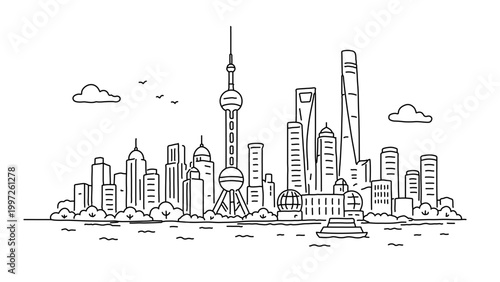 Shanghai city skyline doodle illustration with iconic urban buildings in simple hand drawn style, perfect for travel, cityscape, architecture and modern China themed design