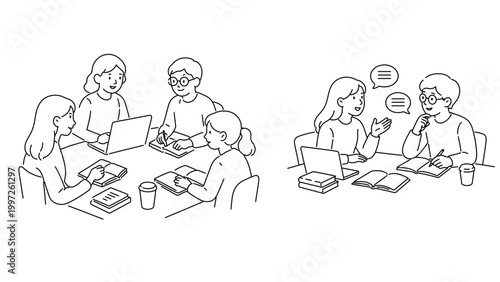 Minimal line illustration of students studying and discussing together at desk with laptop and books, teamwork learning concept, clean modern outline style for education and collaboration design